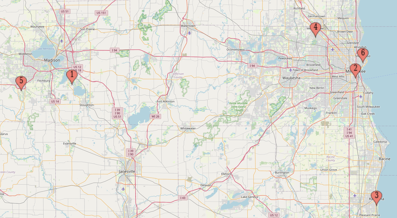 Map of recent commercial projects done by Overhead Door of Metro Milwaukee